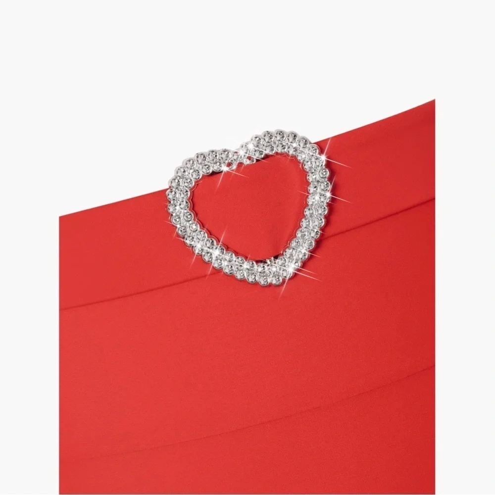 Rhinestone Heart ✦ Red Silver Bikini Set ✦ Sweetheart Neck Belted High-Cut L NWT
